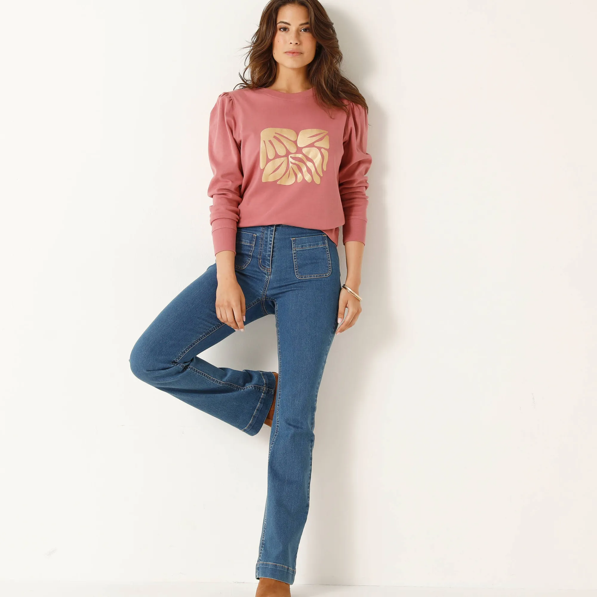 T-Shirt En Topje<Blancheporte T-shirt met lange mouwen, glanzende print grijsroze