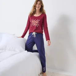 Pyjama<Blancheporte T-shirt met lange mouwen in effen katoen geplaatste "Beautiful" print bordeaux