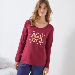 Pyjama<Blancheporte T-shirt met lange mouwen in effen katoen geplaatste "Beautiful" print bordeaux