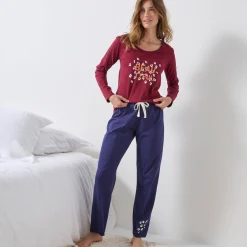 Pyjama<Blancheporte T-shirt met lange mouwen in effen katoen geplaatste "Beautiful" print bordeaux