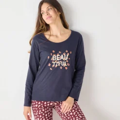 Pyjama<Blancheporte T-shirt met lange mouwen in effen katoen geplaatste "Beautiful" print marineblauw