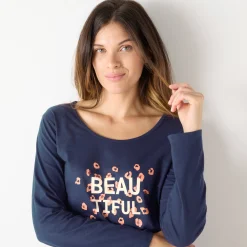 Pyjama<Blancheporte T-shirt met lange mouwen in effen katoen geplaatste "Beautiful" print marineblauw
