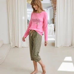 Pyjama<Blancheporte T-shirt met lange mouwen in effen katoen met geplaatste "Bohème" print Indisch roze