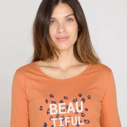 Pyjama<Blancheporte T-shirt met lange mouwen in effen katoen geplaatste "Beautiful" print koper