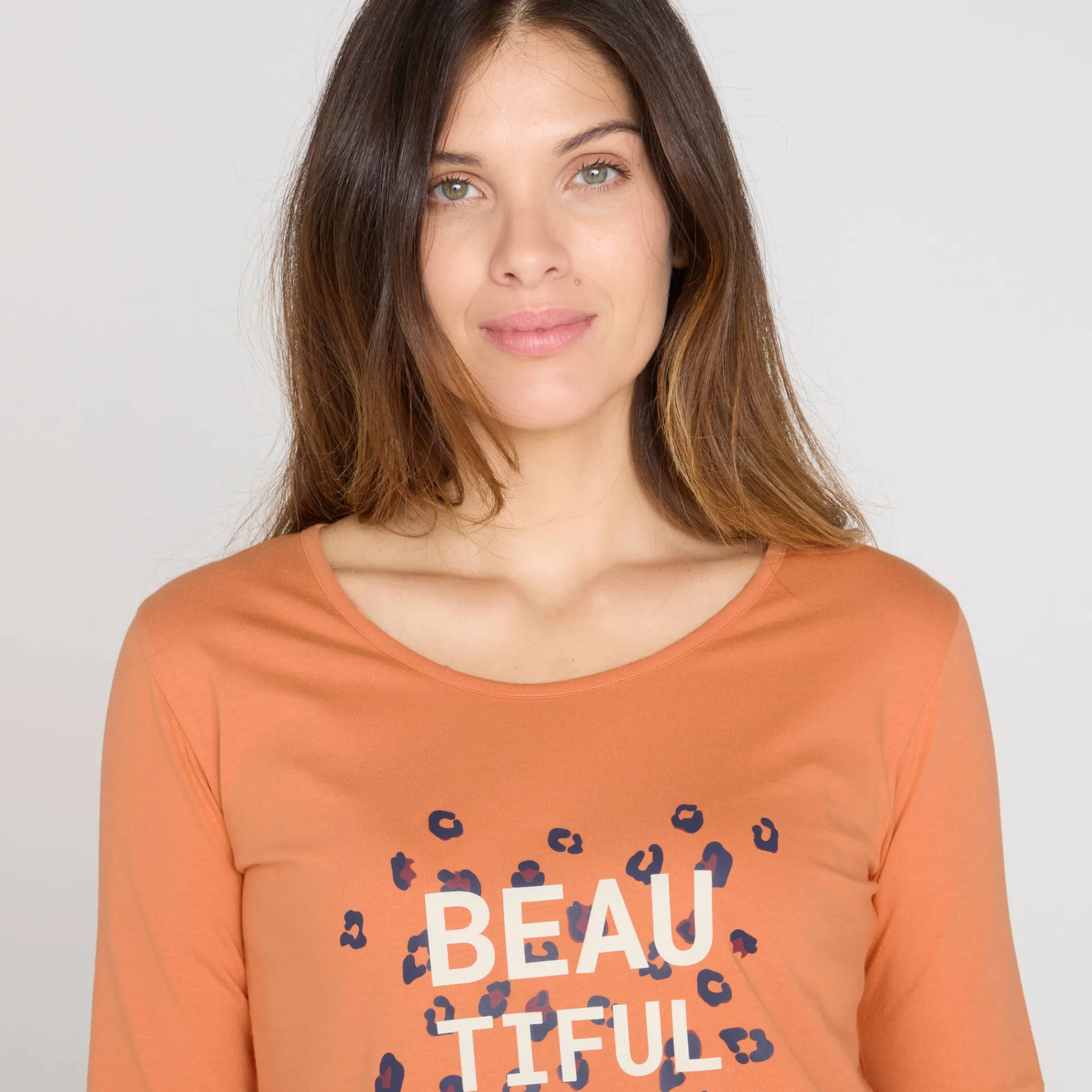 Pyjama<Blancheporte T-shirt met lange mouwen in effen katoen geplaatste "Beautiful" print koper