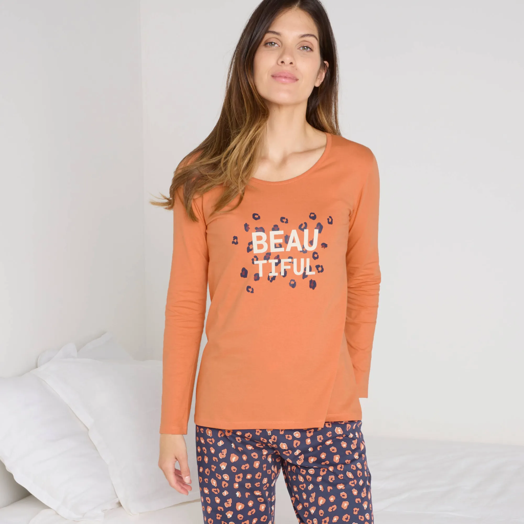 Pyjama<Blancheporte T-shirt met lange mouwen in effen katoen geplaatste "Beautiful" print koper