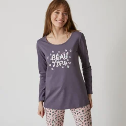 Pyjama<Blancheporte T-shirt met lange mouwen in effen katoen geplaatste "Beautiful" print antracietgrijs