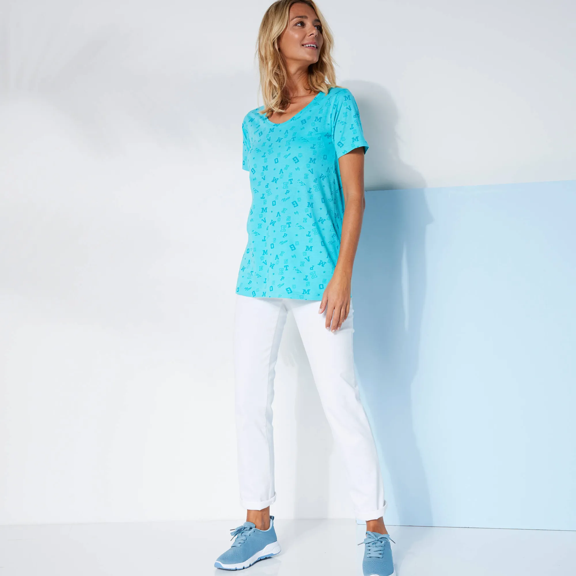 T-Shirt En Topje<Blancheporte T-shirt met letterprint turkoois / laguneblauw