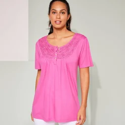 T-Shirt En Topje<Blancheporte T-shirt met macramé en korte mouwen Indisch roze