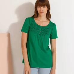 T-Shirt En Topje<Blancheporte T-shirt met macramé en korte mouwen muntgroen