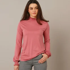 T-Shirt En Topje<Blancheporte T-shirt met opstaande hals, smokwerk aan de mouwen grijsroze