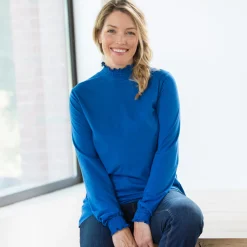 T-Shirt En Topje<Blancheporte T-shirt met opstaande hals, smokwerk aan de mouwen felblauw