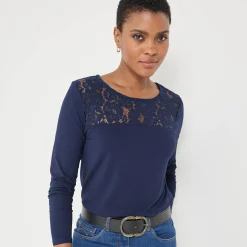 T-Shirt En Topje<Blancheporte T-shirt met ronde hals en lange mouwen in kant marine