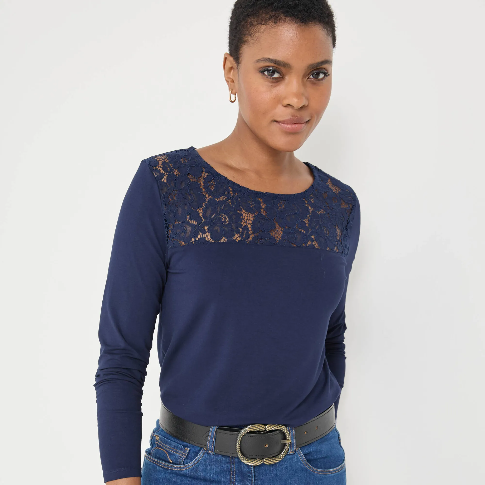 T-Shirt En Topje<Blancheporte T-shirt met ronde hals en lange mouwen in kant marine