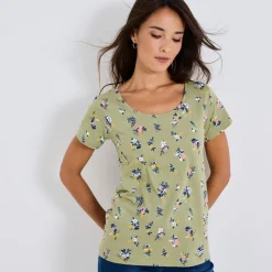 T-Shirt En Topje<Blancheporte T-shirt met ronde hals en bloemenprint, katoen lichtkaki