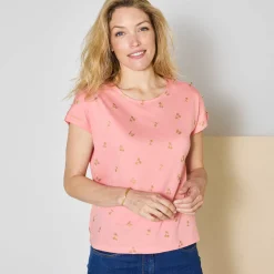 T-Shirt En Topje<Blancheporte T-shirt met ronde hals en goudkleurige kersenprint koraal / goudkleurig