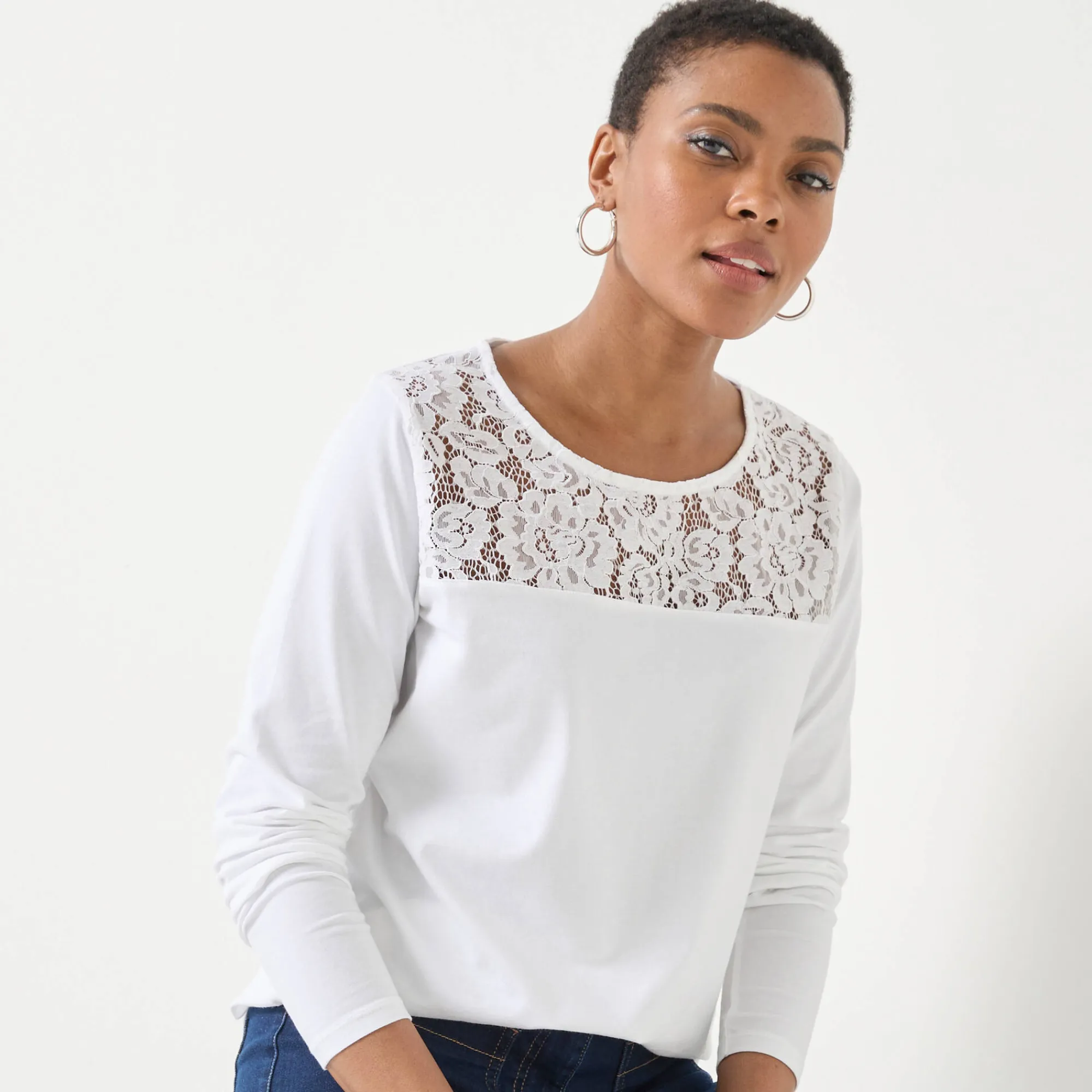 T-Shirt En Topje<Blancheporte T-shirt met ronde hals en lange mouwen in kant wit