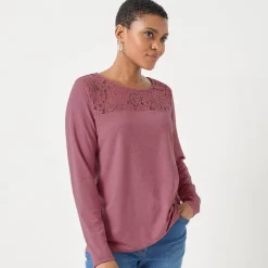 T-Shirt En Topje<Blancheporte T-shirt met ronde hals en lange mouwen in kant chiné rozenhout