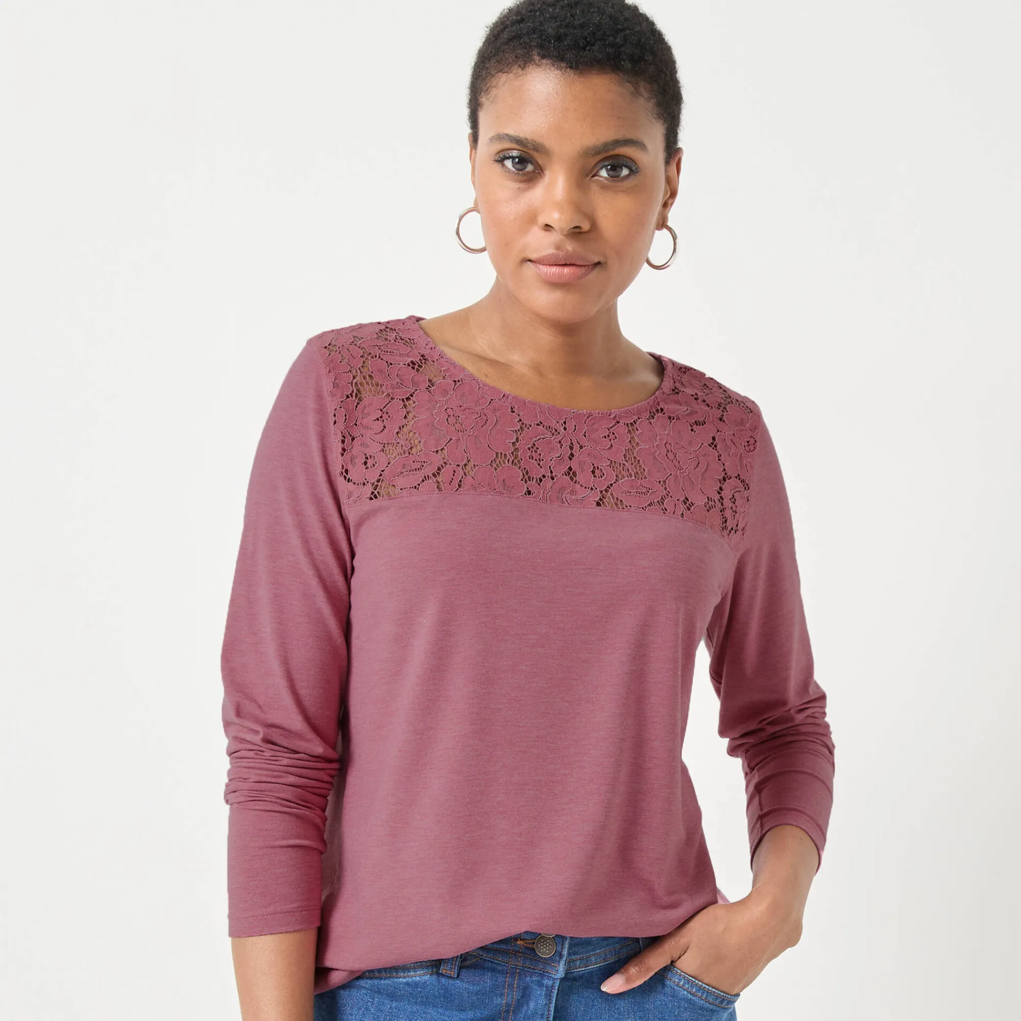 T-Shirt En Topje<Blancheporte T-shirt met ronde hals en lange mouwen in kant chiné rozenhout