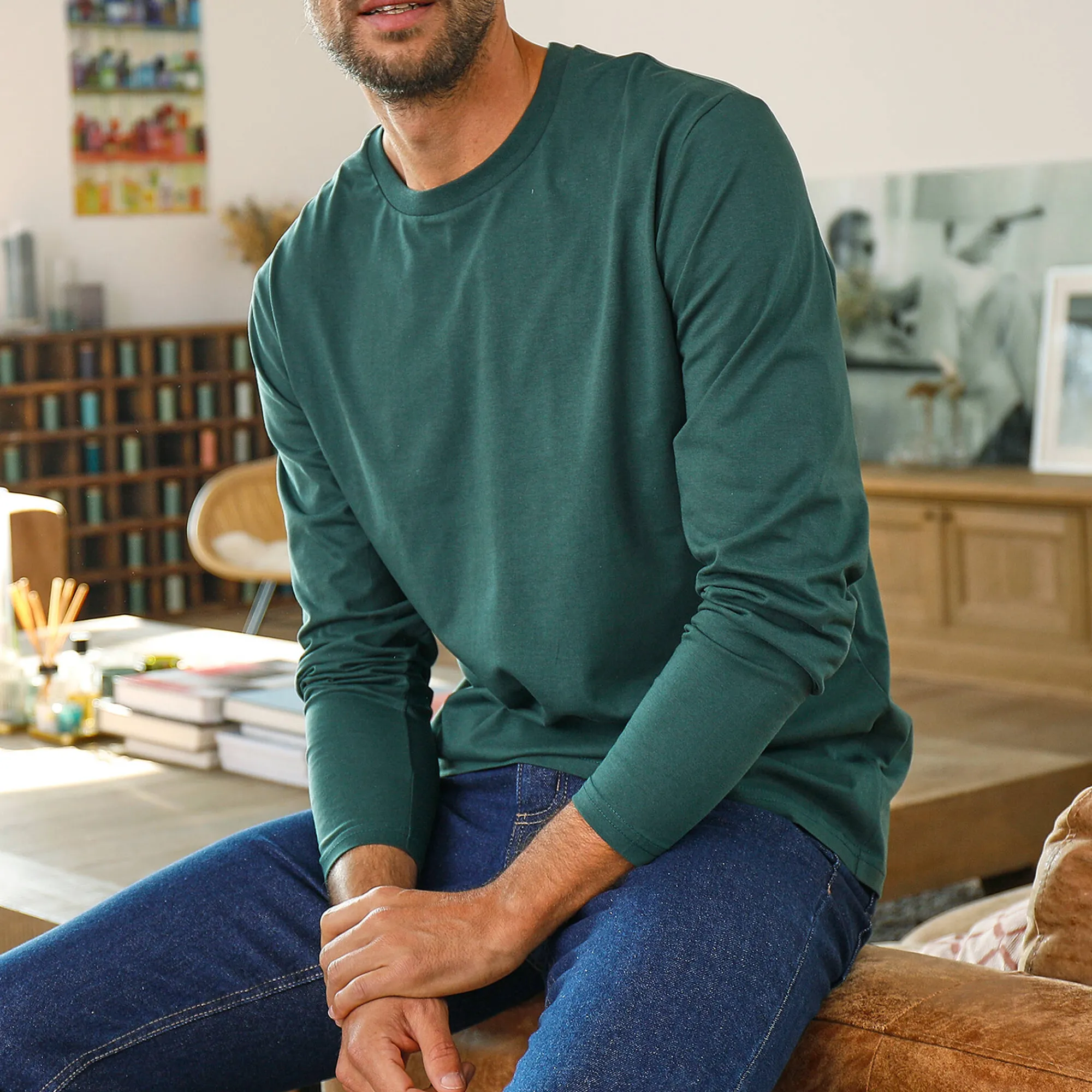 T-Shirt, Hemd En Polo<Blancheporte T-shirt met ronde hals en lange mouwen - set van 3 zwart + groen + linde