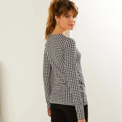 T-Shirt En Topje<Blancheporte T-shirt met ronde hals en pied-de-poule print, stretch zwart / wit