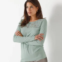 T-Shirt En Topje<Blancheporte T-shirt met ronde hals en lange mouwen in kant amandel groen