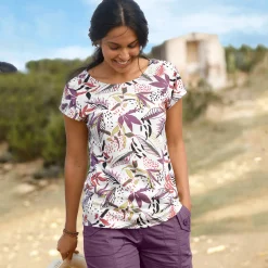 T-Shirt En Topje<Blancheporte T-shirt met ronde hals en tropische print ecru / violine