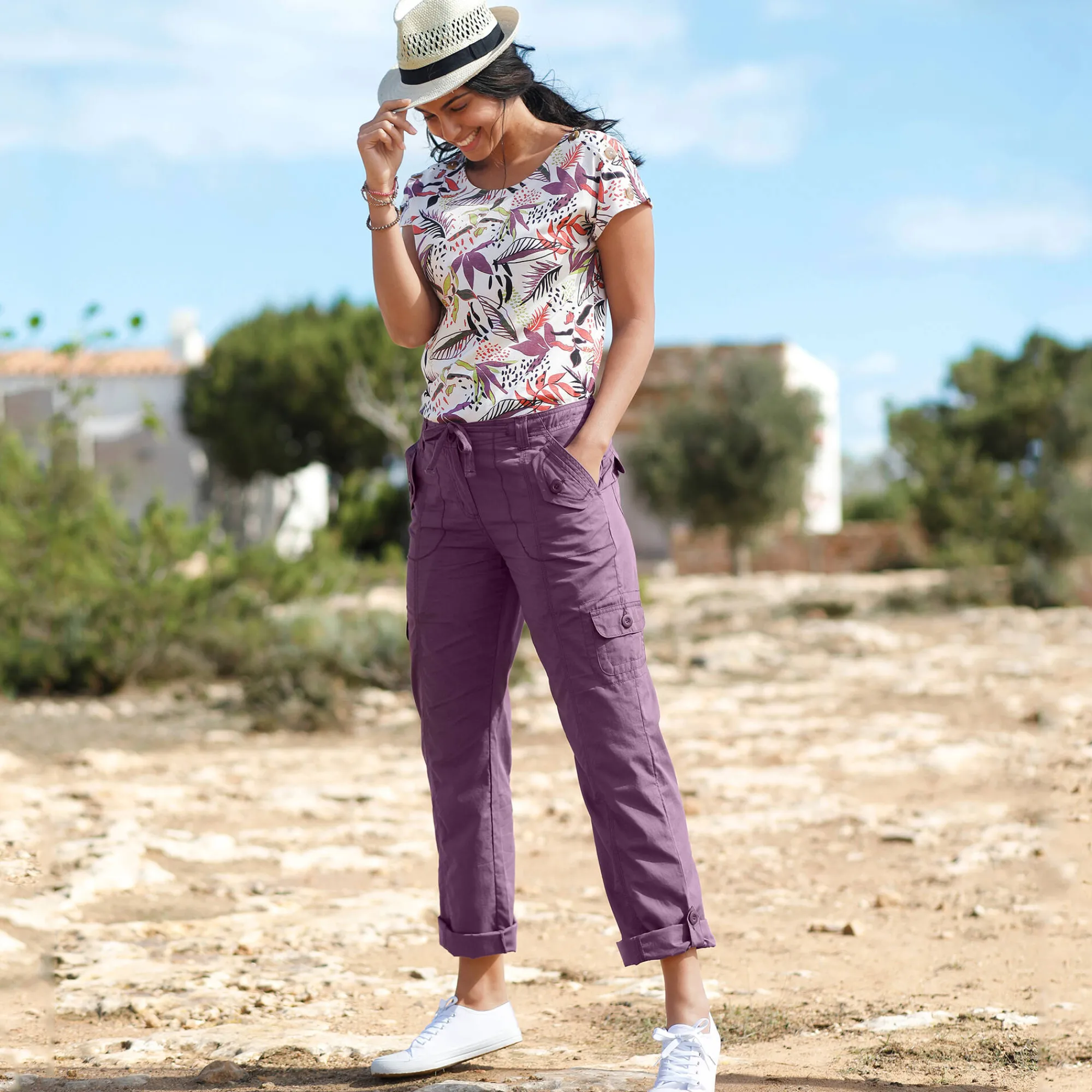 T-Shirt En Topje<Blancheporte T-shirt met ronde hals en tropische print ecru / violine