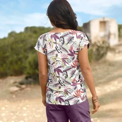 T-Shirt En Topje<Blancheporte T-shirt met ronde hals en tropische print ecru / violine