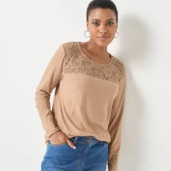 T-Shirt En Topje<Blancheporte T-shirt met ronde hals en lange mouwen in kant chiné hazelnootbruin