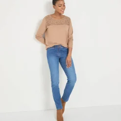 T-Shirt En Topje<Blancheporte T-shirt met ronde hals en lange mouwen in kant chiné hazelnootbruin