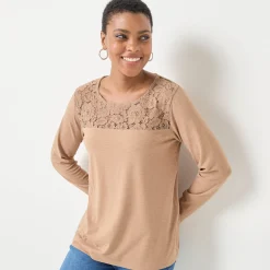 T-Shirt En Topje<Blancheporte T-shirt met ronde hals en lange mouwen in kant chiné hazelnootbruin