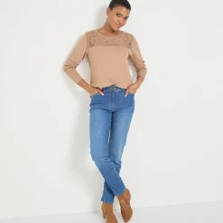 T-Shirt En Topje<Blancheporte T-shirt met ronde hals en lange mouwen in kant chiné hazelnootbruin