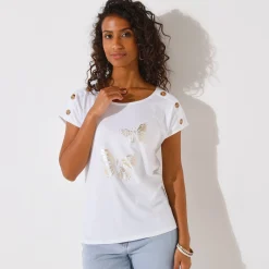 T-Shirt En Topje<Blancheporte T-shirt met ronde hals, goudkleurige vlinderprint wit