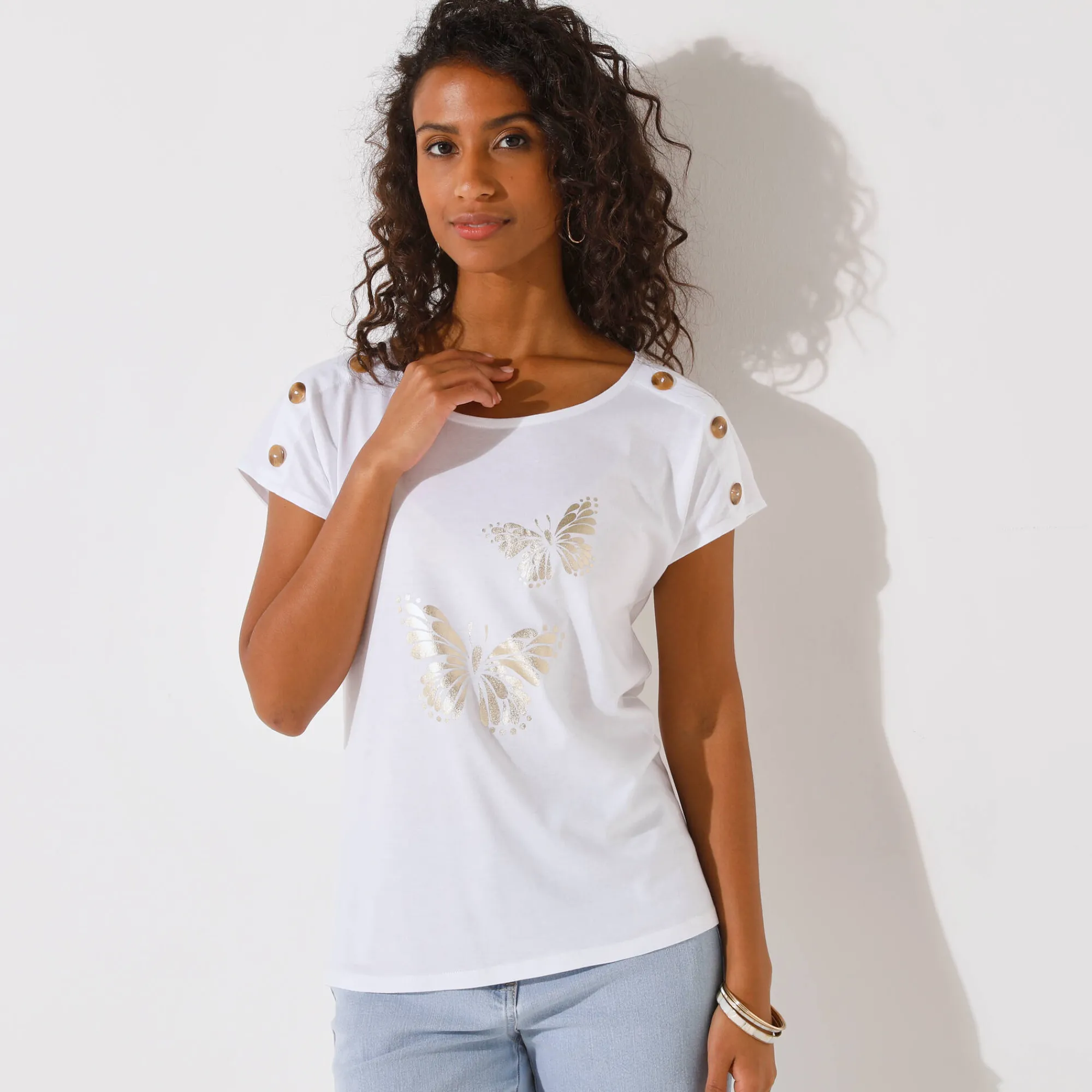 T-Shirt En Topje<Blancheporte T-shirt met ronde hals, goudkleurige vlinderprint wit