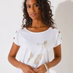 T-Shirt En Topje<Blancheporte T-shirt met ronde hals, goudkleurige vlinderprint wit