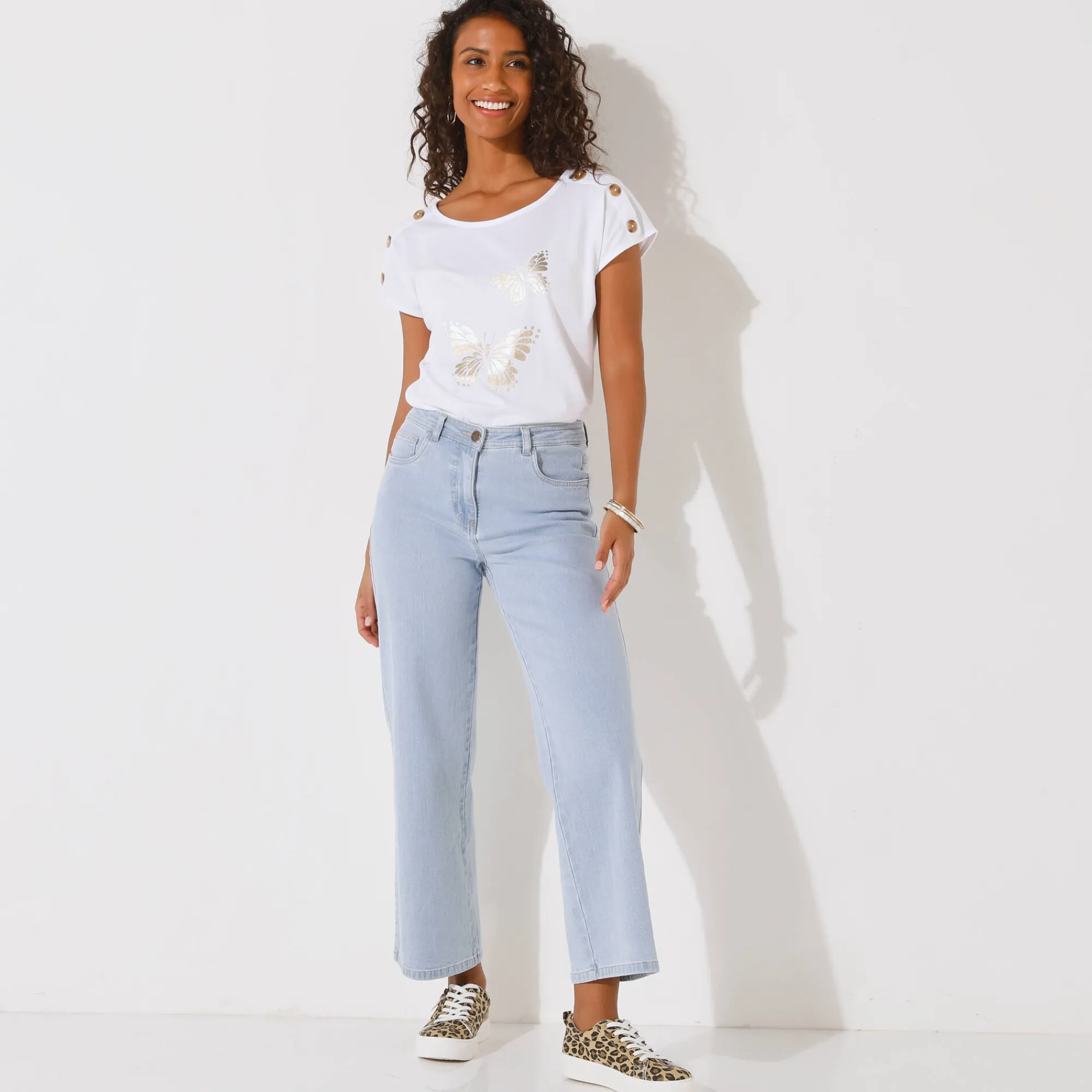 T-Shirt En Topje<Blancheporte T-shirt met ronde hals, goudkleurige vlinderprint wit