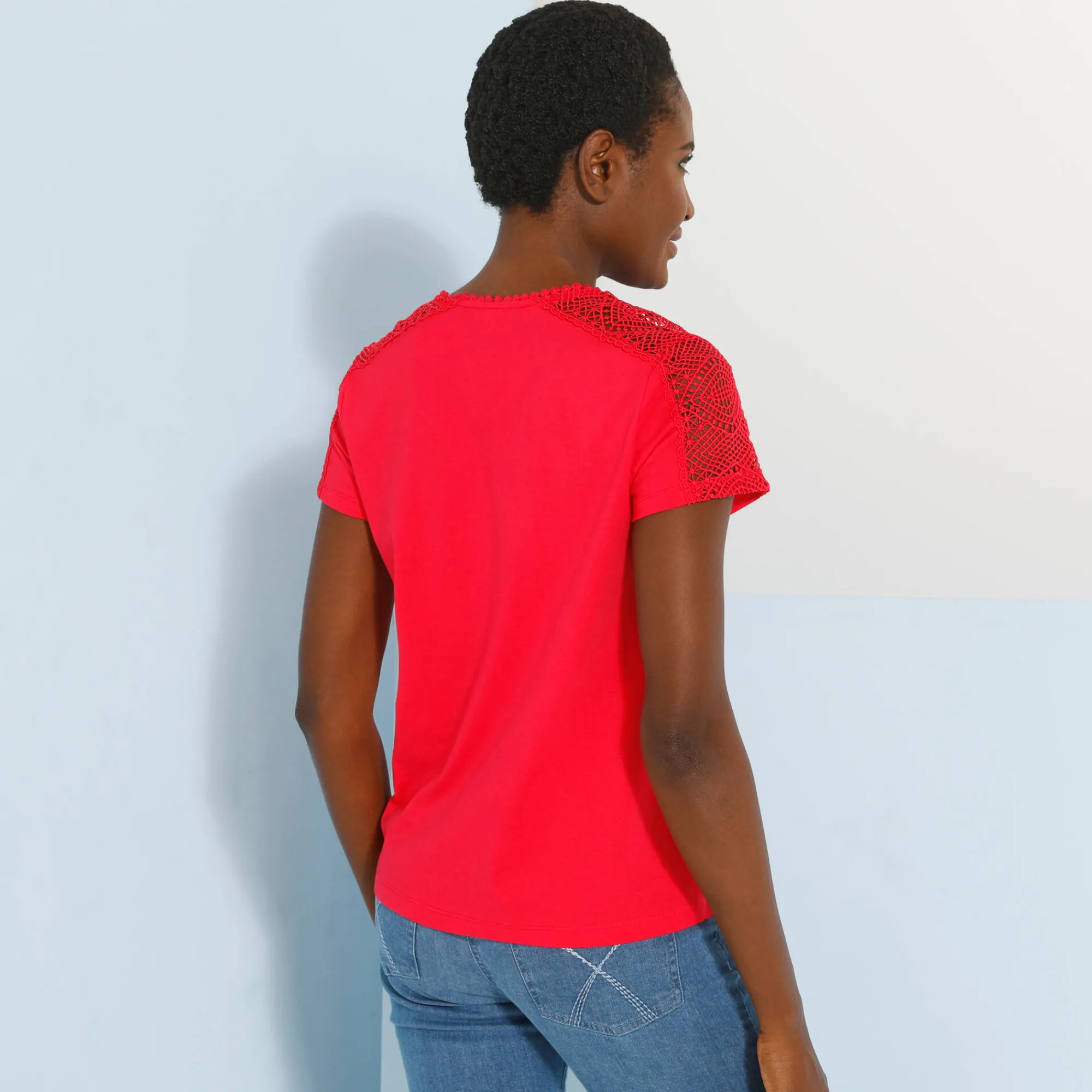 T-Shirt En Topje<Blancheporte T-shirt met ronde hals in kant framboos