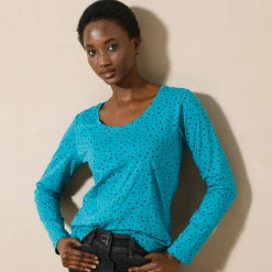 T-Shirt En Topje<Blancheporte T-shirt met stippenprint in biokatoen(**) petroleumblauw