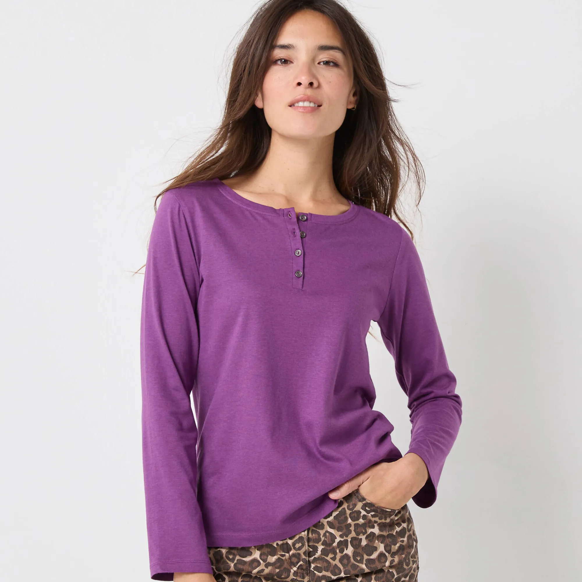 T-Shirt En Topje<Blancheporte T-shirt met Tunesische hals en lange mouwen paars