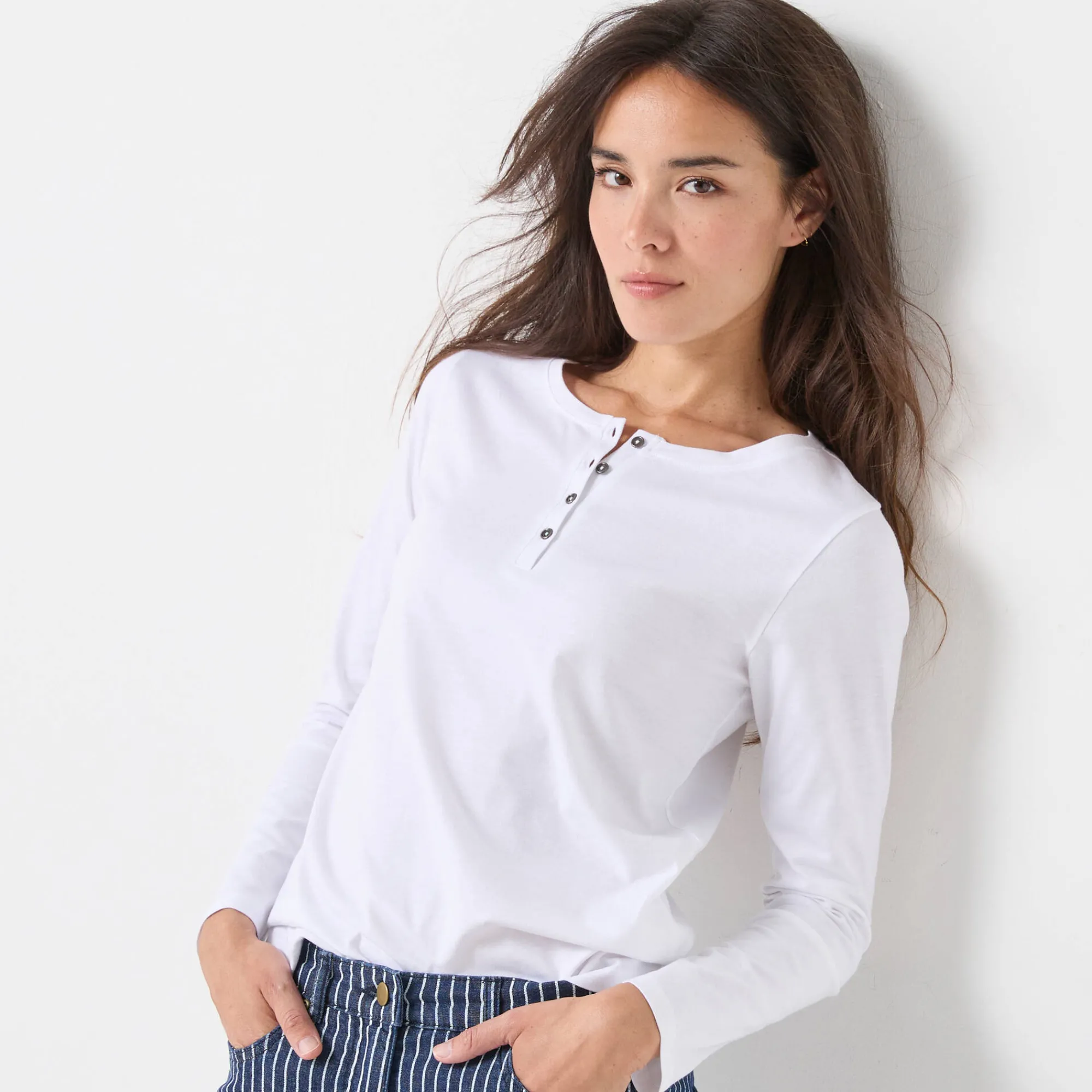 T-Shirt En Topje<Blancheporte T-shirt met Tunesische hals en lange mouwen wit
