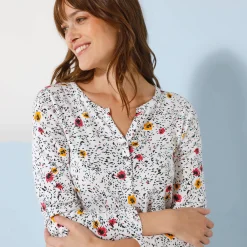 T-Shirt En Topje<Blancheporte T-shirt met Tunesische hals en lange mouwen, bedrukt wit