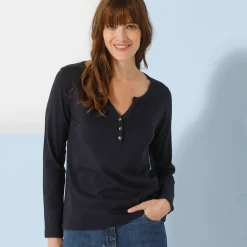T-Shirt En Topje<Blancheporte T-shirt met Tunesische hals en lange mouwen, effen marine