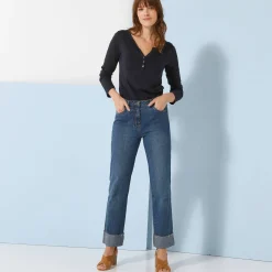 T-Shirt En Topje<Blancheporte T-shirt met Tunesische hals en lange mouwen, effen marine