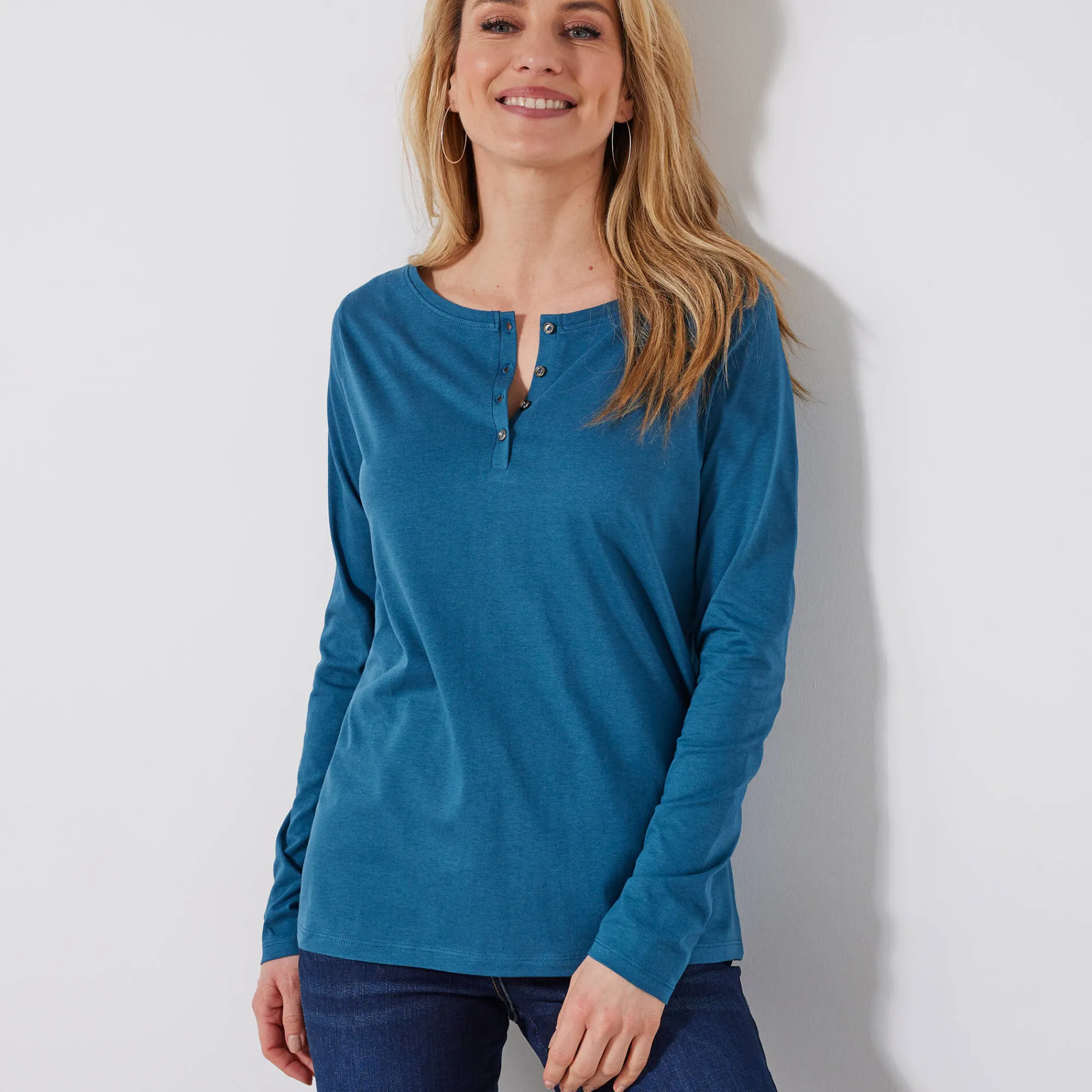 T-Shirt En Topje<Blancheporte T-shirt met Tunesische hals en lange mouwen Pruisisch blauw