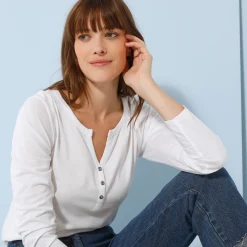 T-Shirt En Topje<Blancheporte T-shirt met Tunesische hals en lange mouwen, effen wit