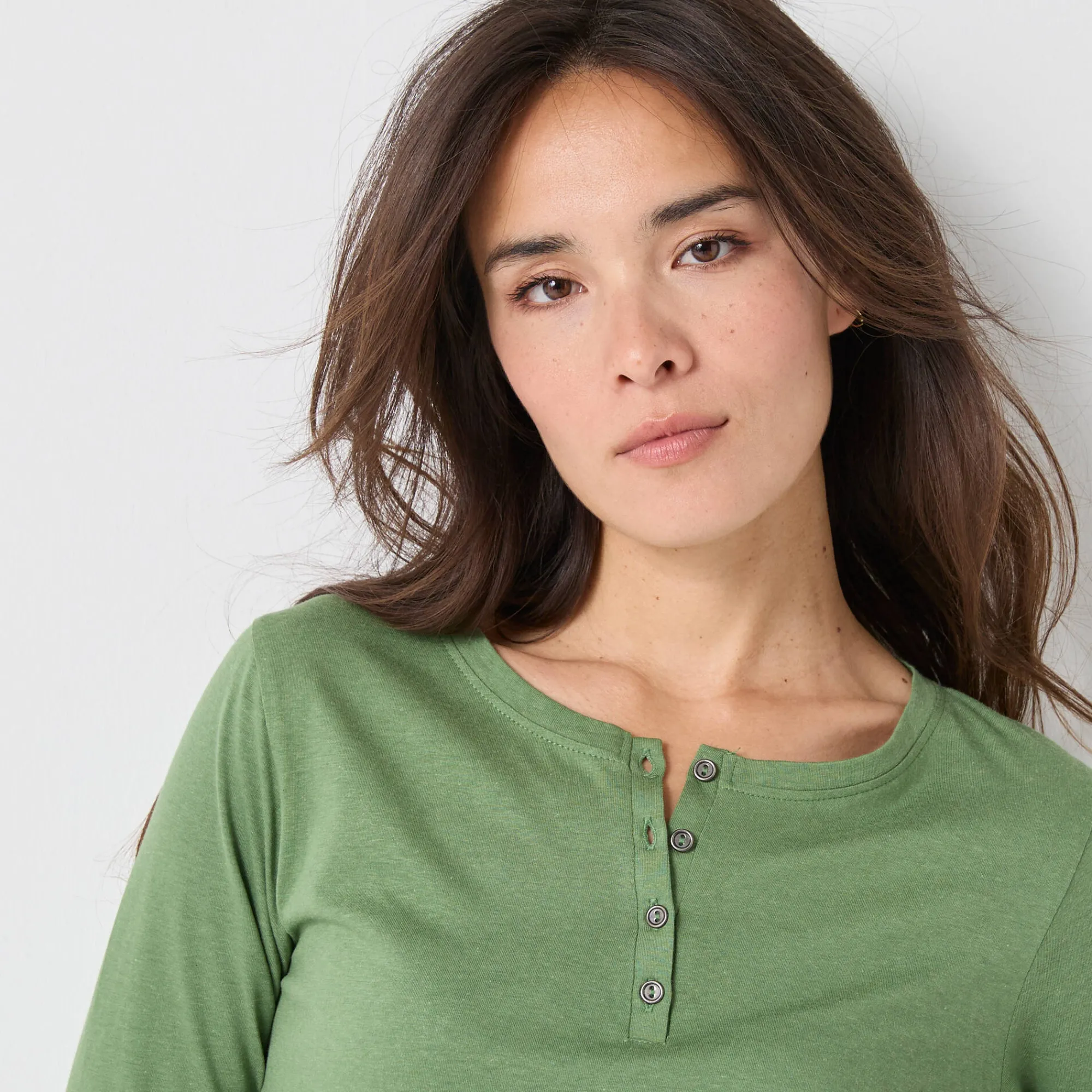 T-Shirt En Topje<Blancheporte T-shirt met Tunesische hals en lange mouwen mosgroen