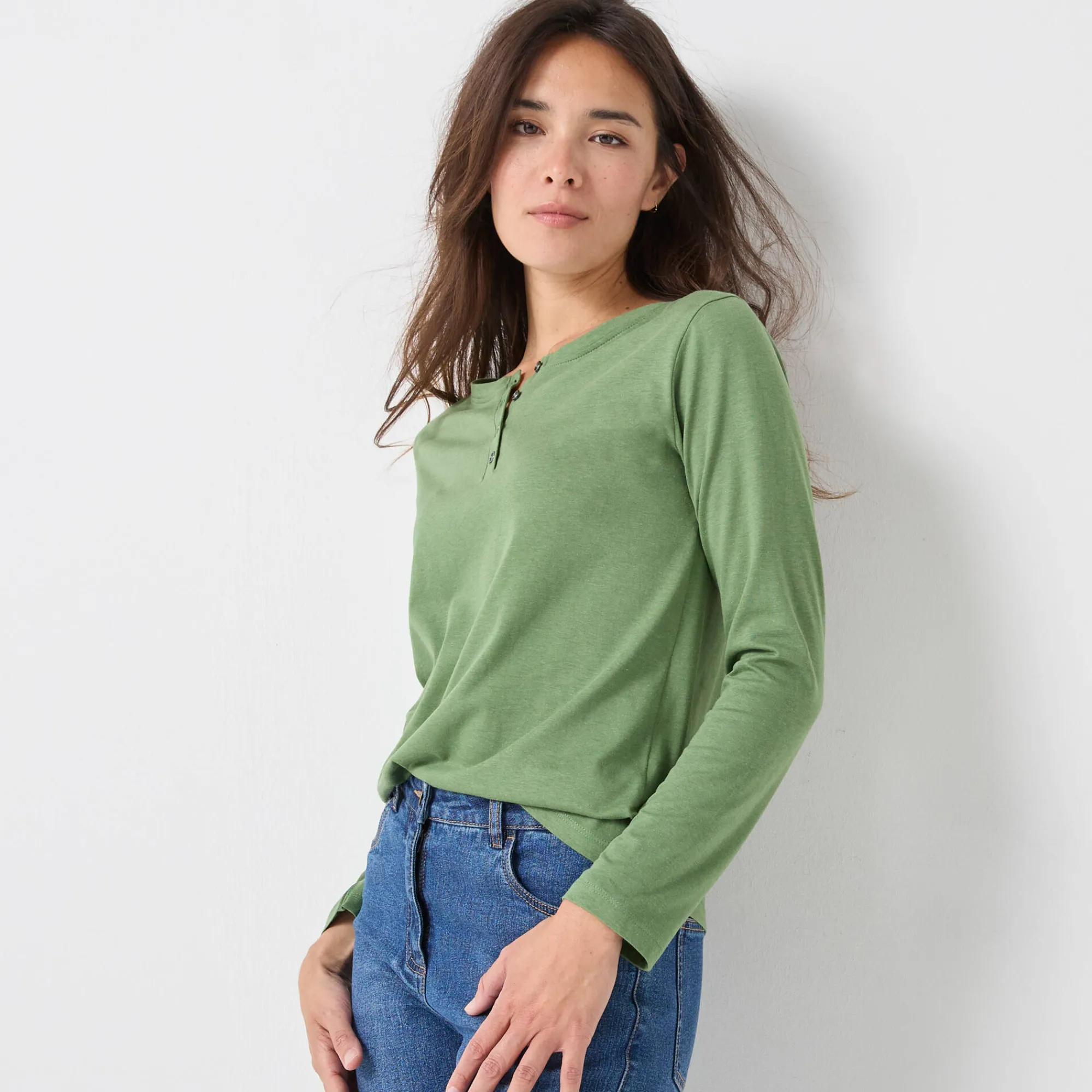 T-Shirt En Topje<Blancheporte T-shirt met Tunesische hals en lange mouwen mosgroen