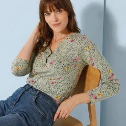 T-Shirt En Topje<Blancheporte T-shirt met Tunesische hals en lange mouwen, bedrukt kaki