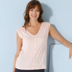 T-Shirt En Topje<Blancheporte T-shirt met V-hals en fantasieknopen poederroze